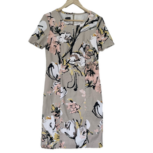 Beige Pastel Floral Mini Dress Fitted Sheath Dress Short Sleeve Water Colour